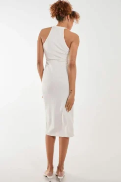 Midi Dresses*Pink Vanilla Ribbed Texture Racer Midi Dress Ivory