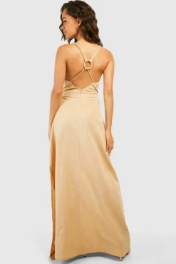 Cami Dresses*boohoo Ring Detail Linen Look Maxi Dress stone