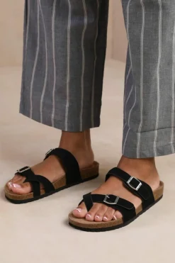 Sandals*Where's That From Rio' Two Strap Flat Sandals With Toe Loop And Buckle Detail Black