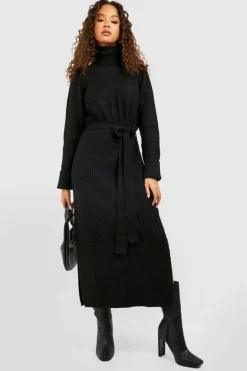 Jumper Dresses|Jumper Dresses*boohoo Roll Neck Belted Knitted Midaxi Dress black
