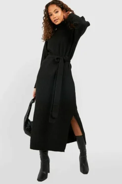 Jumper Dresses|Jumper Dresses*boohoo Roll Neck Belted Knitted Midaxi Dress black