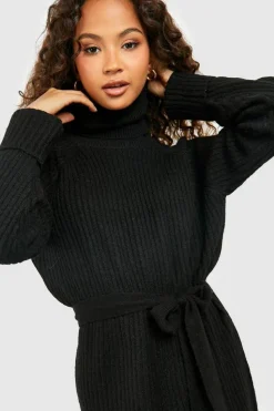 Jumper Dresses|Jumper Dresses*boohoo Roll Neck Belted Knitted Midaxi Dress black