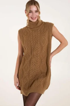 Jumper Dresses|Jumper Dresses*Blue Vanilla Roll Neck Cable Knitted Oversized Sleeveless Jumper Dress Beige