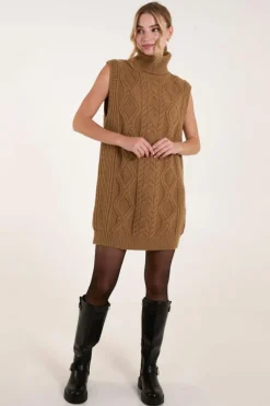 Jumper Dresses|Jumper Dresses*Blue Vanilla Roll Neck Cable Knitted Oversized Sleeveless Jumper Dress Beige