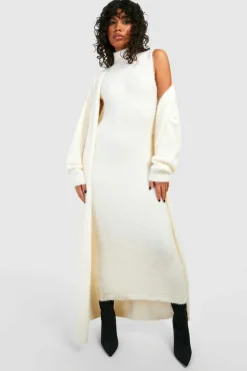 Jumper Dresses|Jumper Dresses*boohoo Roll Neck Fluffy Knit Midaxi Dress ecru