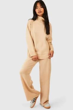 Knitted Co-Ords*boohoo Roll Neck Jumper And Wide Leg Trouser Set sand
