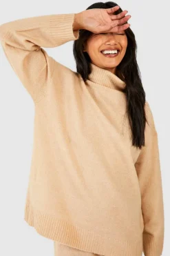Knitted Co-Ords*boohoo Roll Neck Jumper And Wide Leg Trouser Set sand