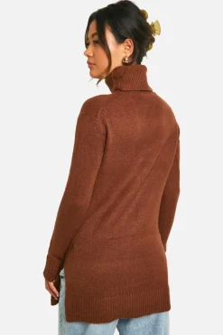 Oversized Jumpers|Jumpers*boohoo Roll Neck Knitted Tunic chocolate