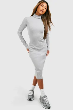 Midi Dresses*boohoo Roll Neck Long Sleeve Midi Dress grey