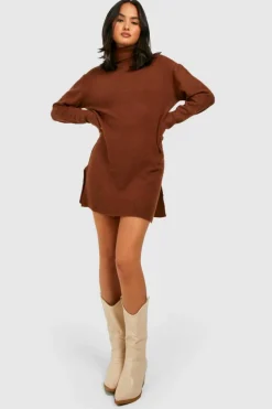 Mini Dresses|Jumper Dresses*boohoo Roll Neck Oversized Jumper Dress chocolate