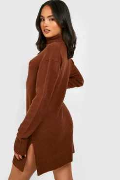 Mini Dresses|Jumper Dresses*boohoo Roll Neck Oversized Jumper Dress chocolate