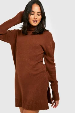 Mini Dresses|Jumper Dresses*boohoo Roll Neck Oversized Jumper Dress chocolate