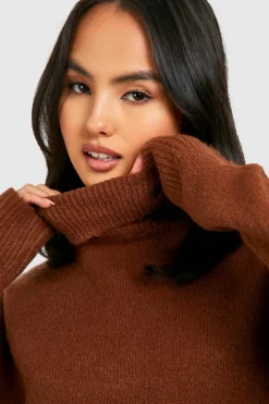 Mini Dresses|Jumper Dresses*boohoo Roll Neck Oversized Jumper Dress chocolate