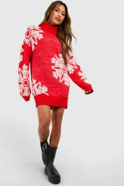 Jumper Dresses|Jumper Dresses*boohoo Roll Neck Snowflake Fluffy Knit Christmas Jumper Dress red