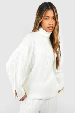 Jumpers*boohoo Roll Neck Soft Mixed Rib Knit Jumper ecru