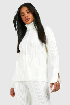 Oversized Jumpers|Jumpers*boohoo Roll Neck Soft Mixed Rib Knit Jumper ecru