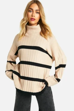 Oversized Jumpers*boohoo Roll Neck Thick Rib Stripe Jumper camel