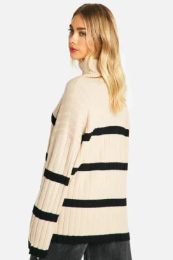 Oversized Jumpers*boohoo Roll Neck Thick Rib Stripe Jumper camel