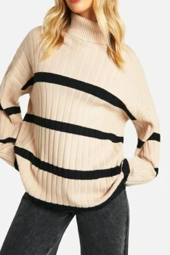 Oversized Jumpers*boohoo Roll Neck Thick Rib Stripe Jumper camel