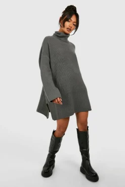Mini Dresses|Jumper Dresses*boohoo Roll Neck Tunic Jumper Dress charcoal
