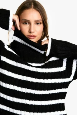 Oversized Jumpers|Jumpers*boohoo Roll Neck Wide Sleeve Stripe Jumper black