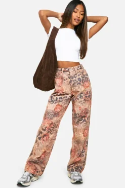 Up To 80% Off Winter Warmers|Denim*boohoo Rose Print Straight Leg Jean leopard