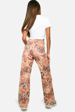 Up To 80% Off Winter Warmers|Denim*boohoo Rose Print Straight Leg Jean leopard