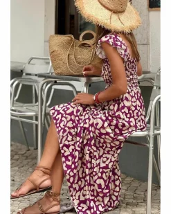Smock Dresses*Azura Exchange Leopard Ruffle Straps Smocked High Waist Long Dress Rose
