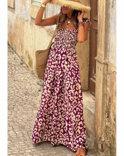 Smock Dresses*Azura Exchange Leopard Ruffle Straps Smocked High Waist Long Dress Rose