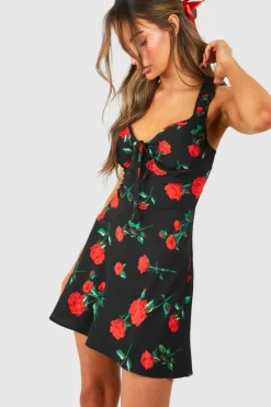 Cami Dresses*boohoo Rose Print Satin Slip Mini Dress black