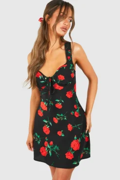 Cami Dresses*boohoo Rose Print Satin Slip Mini Dress black