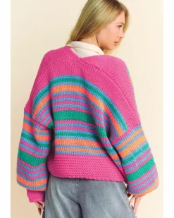 Cardigans*Azura Exchange Rose Stripe Colorful Puff Sleeve Drop Shoulder Loose Cardigan Multi