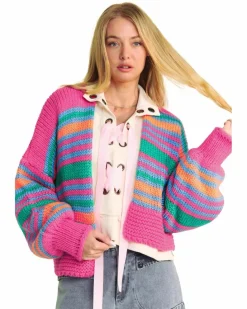 Cardigans*Azura Exchange Rose Stripe Colorful Puff Sleeve Drop Shoulder Loose Cardigan Multi