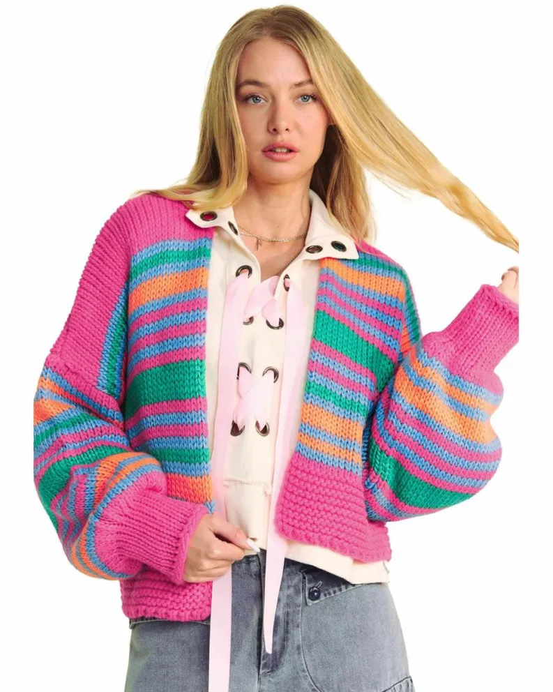 Cardigans*Azura Exchange Rose Stripe Colorful Puff Sleeve Drop Shoulder Loose Cardigan Multi
