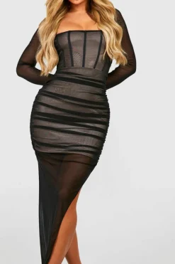 Maxi Dresses|Long Sleeve Dresses*boohoo Rouched Mesh Corset Maxi Dress black
