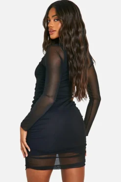 Bodycon Dresses|Mini Dresses*boohoo Rouched Mesh Mini Dress black