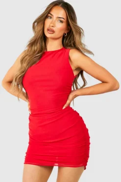 Bodycon Dresses|Mini Dresses*boohoo Rouched Mesh Sleeveless Mini Dress red