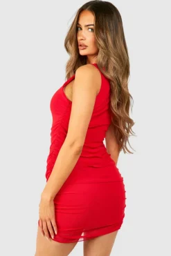 Bodycon Dresses|Mini Dresses*boohoo Rouched Mesh Sleeveless Mini Dress red