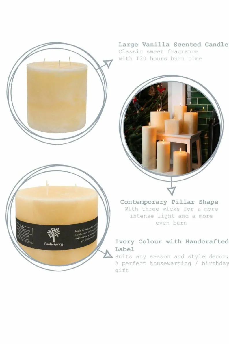 Candles & Diffusers|Candles*Nicola Spring Round 3 Wick Vanilla Pillar Candle - 130 Hours - Ivory