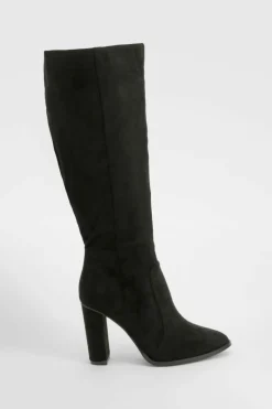 Over The Knee Boots|Knee High Boots*boohoo Round Toe Faux Suede Knee High Boots black