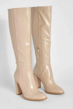 Knee High Boots|All Boots*boohoo Round Toe Knee High Croc Boot cream