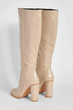 Knee High Boots|All Boots*boohoo Round Toe Knee High Croc Boot cream