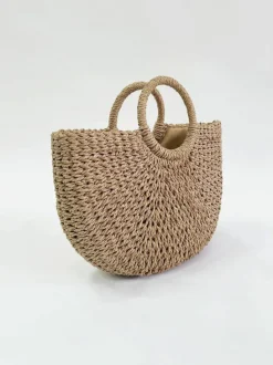 Woven Bags*SVNX Round Woven Straw Holdall With Circular Handle Brown