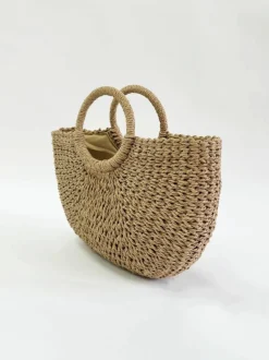 Woven Bags*SVNX Round Woven Straw Holdall With Circular Handle Brown