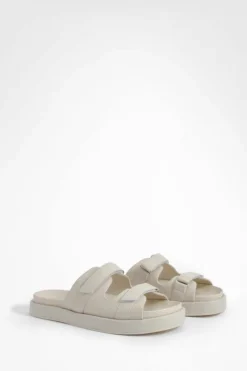Sandals*boohoo Rubberised Pu Dad Sliders ecru