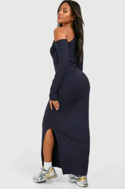 Bodycon Dresses*boohoo Ruched Bardot Long Sleeve Modal Maxi Dress navy