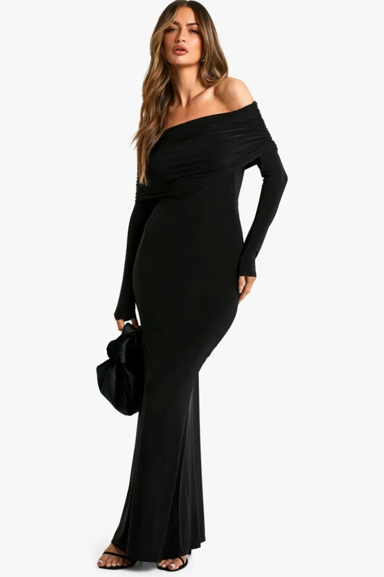 Maxi Dresses*boohoo Ruched Bardot Slinky Maxi Dress black