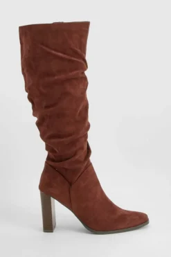 Heels|Over The Knee Boots*boohoo Ruched Block Heel Knee High Boot chocolate