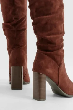 Heels|Over The Knee Boots*boohoo Ruched Block Heel Knee High Boot chocolate