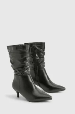 Calf High Boots|Heeled Boots*boohoo Ruched Calf High Low Heeled Boot black